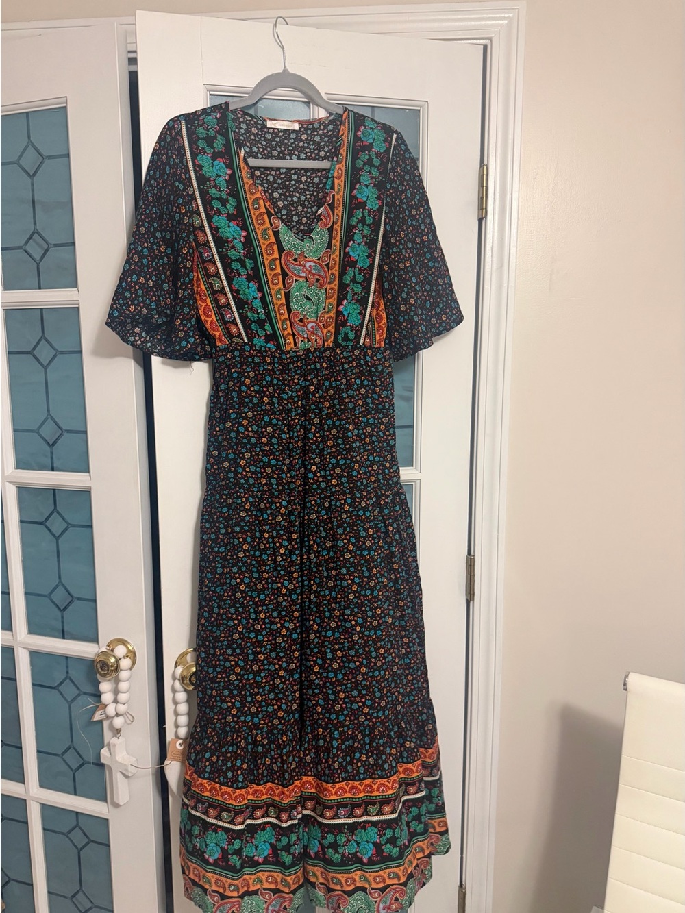 Boho Floral V-Neck Maxi Dress - Black with Teal & Orange